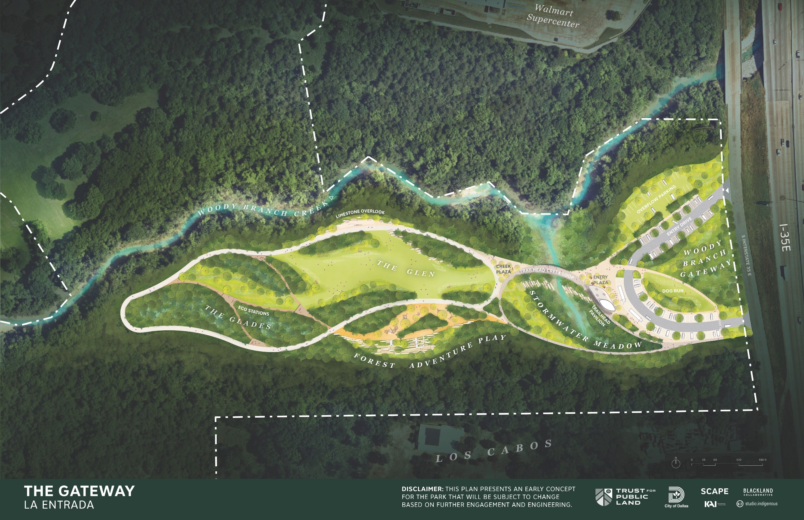Image shows a concept proposal for phase one of the Woody Branch Park project.